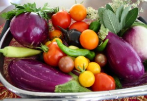 sharing garden harvest with those in need, eggplants, peppers, tomatoes, herbs