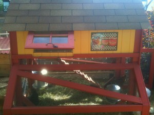 orange, yellow and red paint on chicken coop