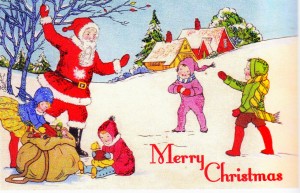 vintage Christmas card with 1920s santa and kids