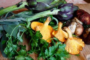 Herbs, artichokes, porcini and chanterelle mushrooms