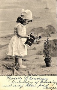 vintage b/w card summer solstice and little girl on beach