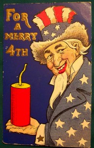 Uncle Sam holds fireworks on this vintage fourth of July cards