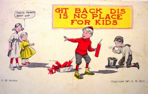 Kids play with fireworks in this vintage fourth of july cards