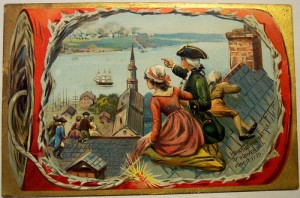 The battle of Bunker Hill is featured on this vintage Fourth of July cards