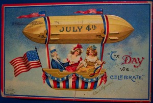 Uncle Same takes a ride with the ladies on this vintage fourth of july cards