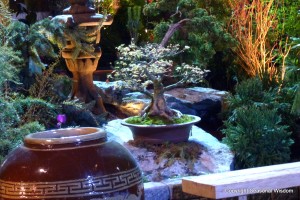 Plants, pots, sculptures on a big rock in the asian garden at 2013 northwest flower and garden show