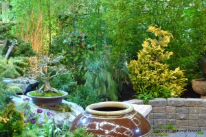 Bonsai, conifers, tulips and other plants in a Chinese-style garden at 2013 Northwest Flower and Garden Show