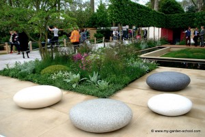 Artificial rocks make seats at 2013 Chelsea Flower Show