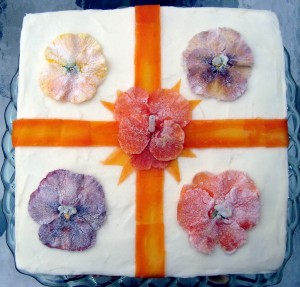 Distopiandreamgirl - candied pansies are edible flowers that look lovely on a carrot cake