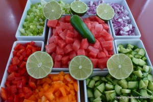 Ingredients for watermelon gazpacho is a rainbow of colors.