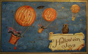 Flying pumpkins on a vintage halloween card