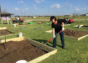 woman using troy-bilt small hoe in community garden 